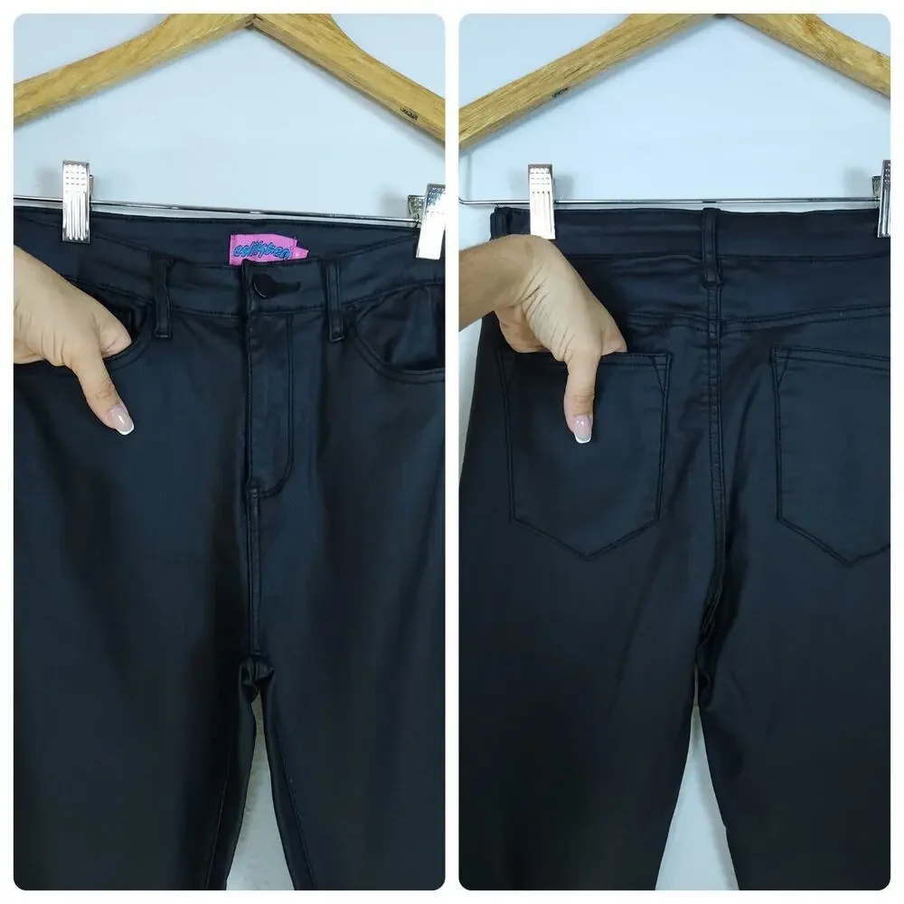 Edikted Medium High-rise Black Coated Faux Leather Flare And Stretchy Pants - Picture 12 of 12